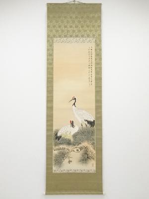 井上竹洞筆　松上鶴図　肉筆絹本掛軸